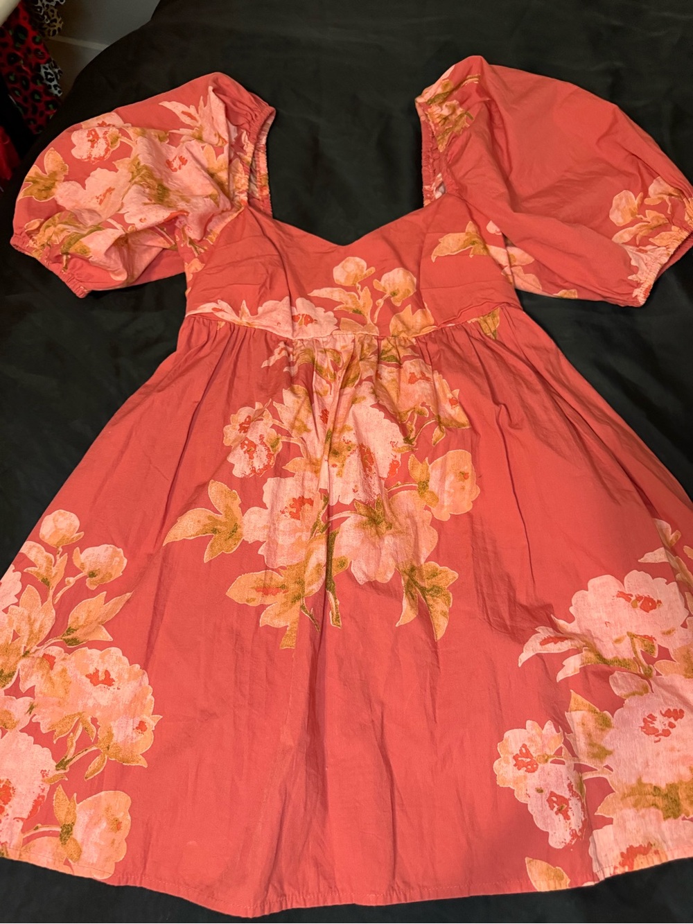 Free People Peony Babydoll Coral Floral Puff-Sleeve Mini Dress